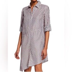 Finley Striped Clip Dot Gray and Pink Striped Shirt Dress with Asymmetrical Hem